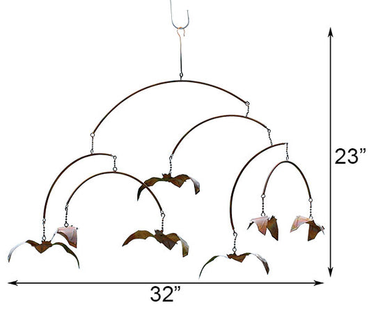 The Nocturnal Atmospheric Pivot | 32" Flamed Copper Hanging Bats Mobile | Ancient Graffiti