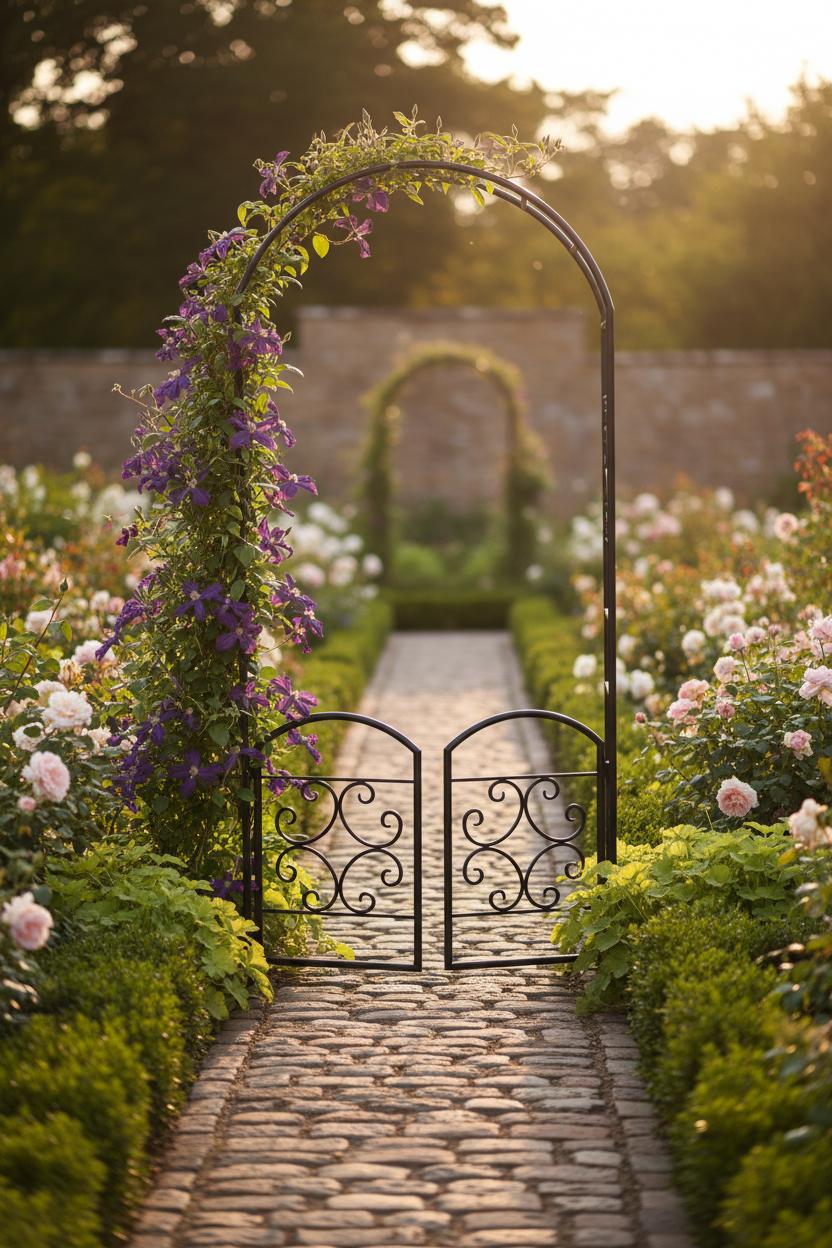 The Scrollwork Estate Gateway | 90" Black Steel Gated Garden Arbor | Panacea