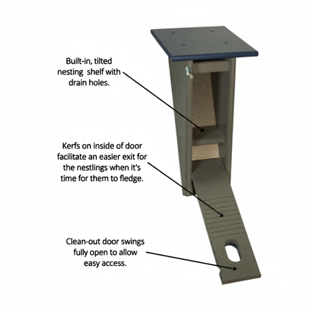 Inside View of Peterson poly-lumber bluebird house showing nest shelf, kerfs, and cleanout panel.