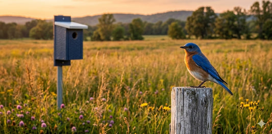 Bluebird perched on a weathered post in a meadow with its nesting box off in the distance.