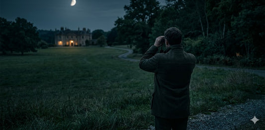 Person observing their estate through binoculars at night under the light of the moon.