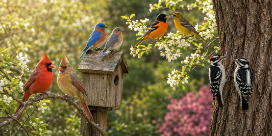 Male and female cardinals, bluebirds, orioles and woodpeckers in a backyard habitat.