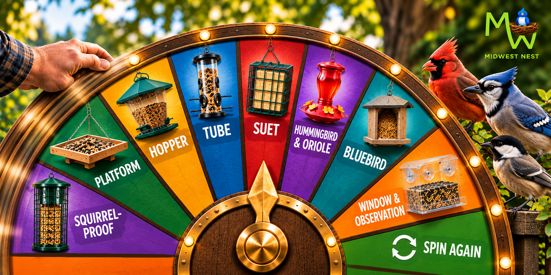Colorful bird feeder selection wheel featuring platform, hopper, tube, suet, hummingbird, bluebird, window, and squirrel-proof feeders, with backyard birds gathered beside it.