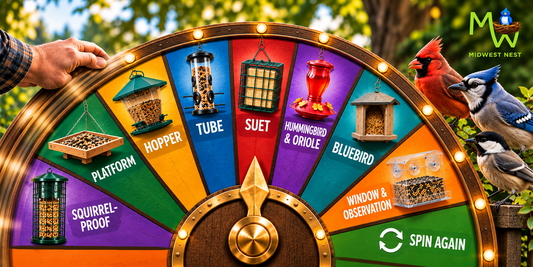 Colorful bird feeder selection wheel featuring platform, hopper, tube, suet, hummingbird, bluebird, window, and squirrel-proof feeders, with backyard birds gathered beside it.