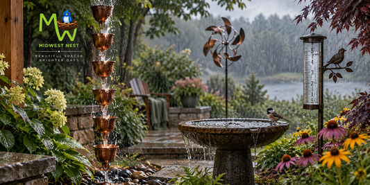 Rain-soaked garden with copper rain chain, bird bath, kinetic spinner, rain gauge, and Midwest Nest logo.