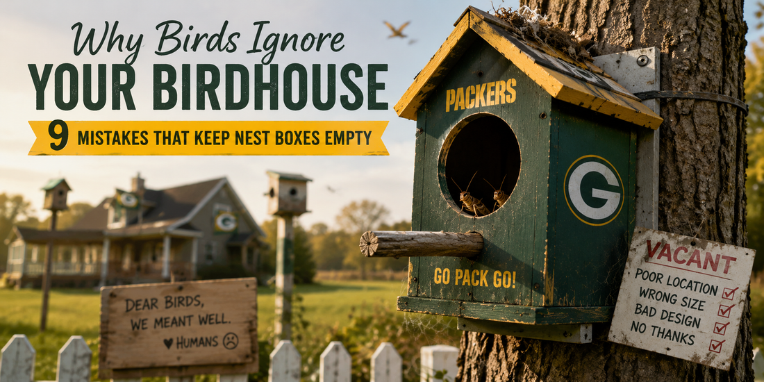 A poorly designed Green Bay Packers Birdhouse with 2 crickets as the only tenants.
