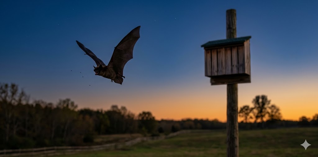 Aerial image of bat leaving bat house, swooping through the air at dusk, hunting insects.