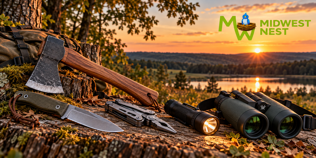 Property steward tools including a fixed-blade knife, hatchet, multi-tool, flashlight and binoculars arranged outdoors at sunset beside a wooded lake.