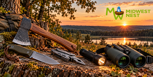 Property steward tools including a fixed-blade knife, hatchet, multi-tool, flashlight and binoculars arranged outdoors at sunset beside a wooded lake.