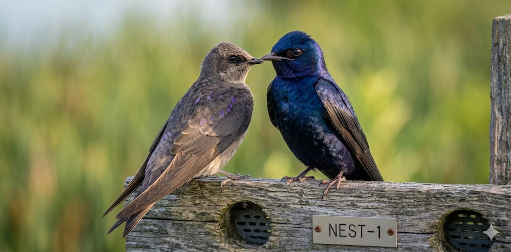 Male and female Purple Martin perched facing each other on weathered wooden 2x4.