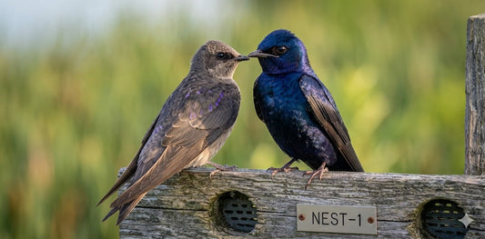 Male and female Purple Martin perched facing each other on weathered wooden 2x4.