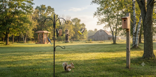 Rural backyard estate at golden hour with bird feeders, visiting bluebird, woodpecker and goldfinch, and a cedar nest box