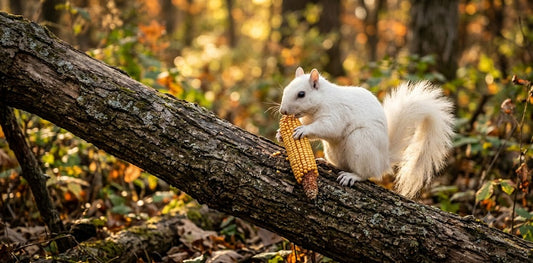 Rare leucistic squirrel perched on the trunk of a small downed tree, enjoying a dried corn cob at golden hour