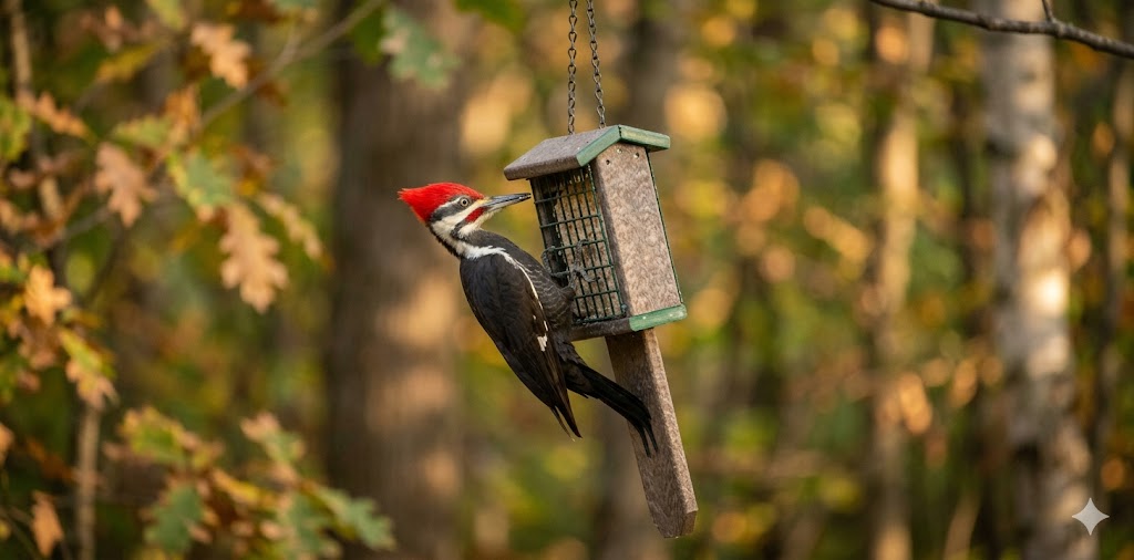 Mature male Pileated Woodpecker feeding from a suet cake feeder with a tail-prop on a wooded background.