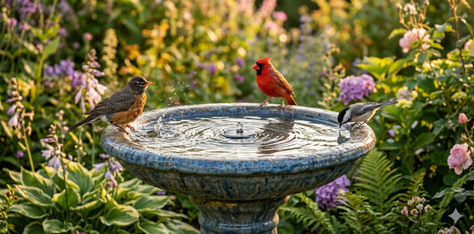 "Bird bath with rippling solar fountain water at golden hour, songbirds gathered around basin"