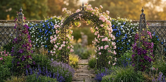 Estate garden at golden hour with arched arbor, climbing roses, wrought iron obelisks with clematis, and diamond lattice trellis in full bloom.