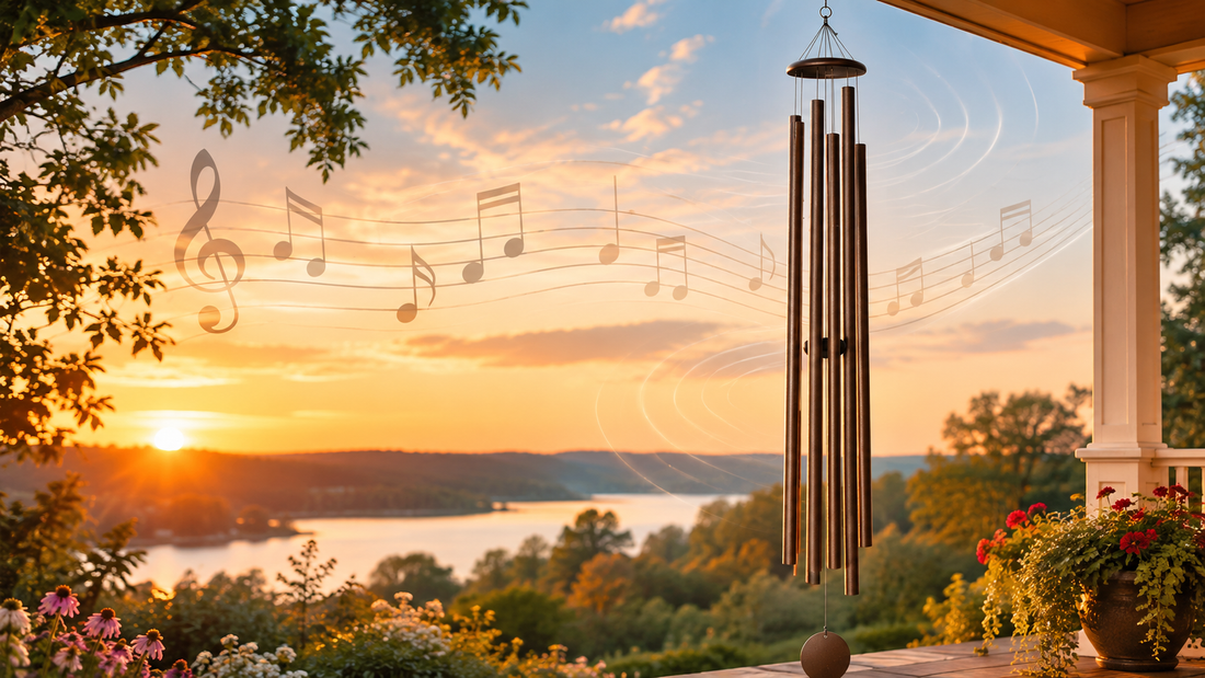 Bronze Corinthian Bells wind chime on a porch at sunset with musical notes and sound waves in the background.