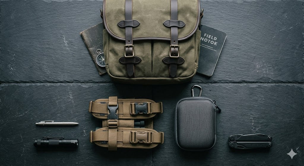 Field observer carry kit flat lay — backpack, binocular harness, optics case, and field gear on dark surface - Midwest Nest