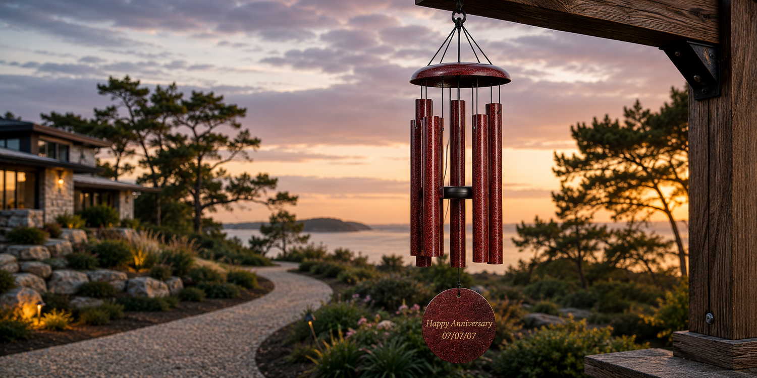 Personalized red Corinthian Bells wind chime with engraved anniversary message hanging in an upscale garden setting at sunset.