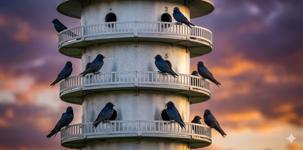 A colony of Purple Martin Birds perched on a multi-floor Martin house.