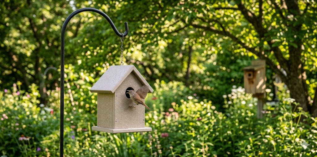 House Wren perched at the entrance of a poly-lumber wren house on a shepherd's hook with a garden background.