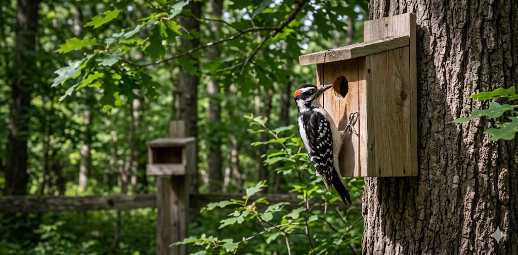 Woodpecker sitting near the entrance of a woodpecker house mounted to a mature oak tree with a Robins Nest in the background in the forest.