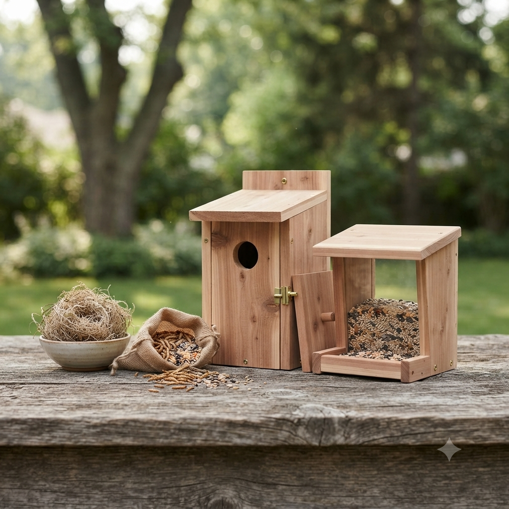 Curated cedar bird house, matching feeder, seed, and nesting material arranged as a matched habitat starter set
