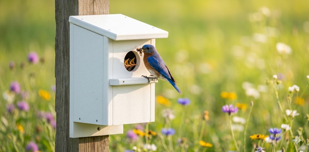 Eastern Bluebird perched on the entrance of a white bluebird house mounted to a 4x4 post in a flowery meadow.