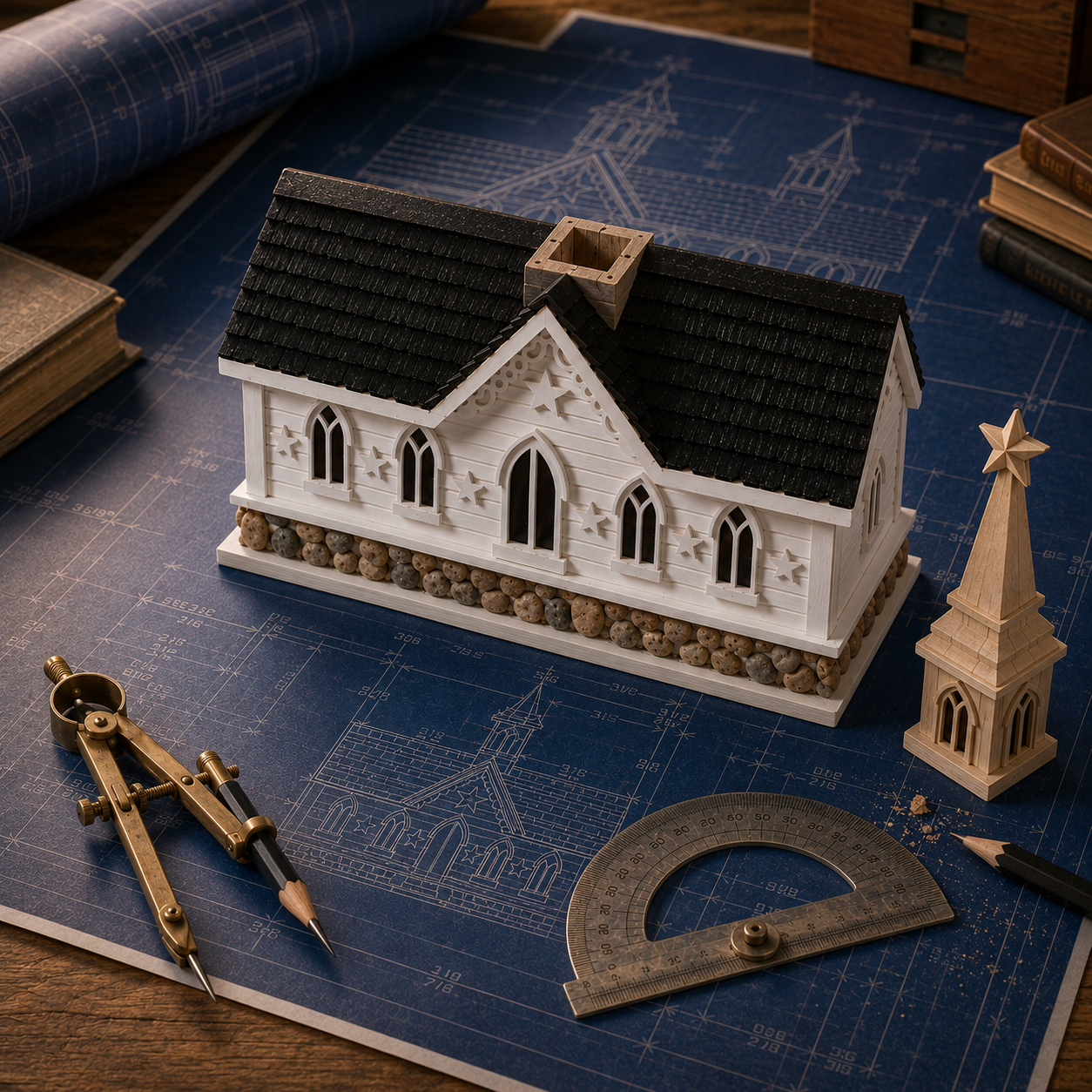 White architectural birdhouse on blueprints with detached wood cupola, compass, protractor, and pencil on a drafting table