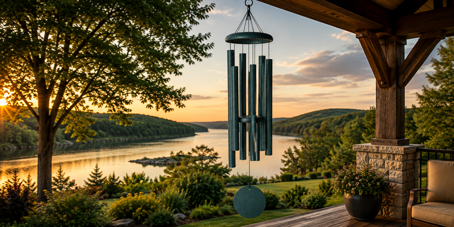 Classic Corinthian Bells wind chime hanging from a timber porch overlooking a wooded lake at sunset.
