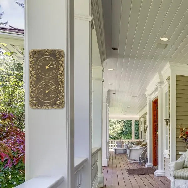 The 'Acanthus' Estate Gauge | 14" Vertical Outdoor Clock and Thermometer