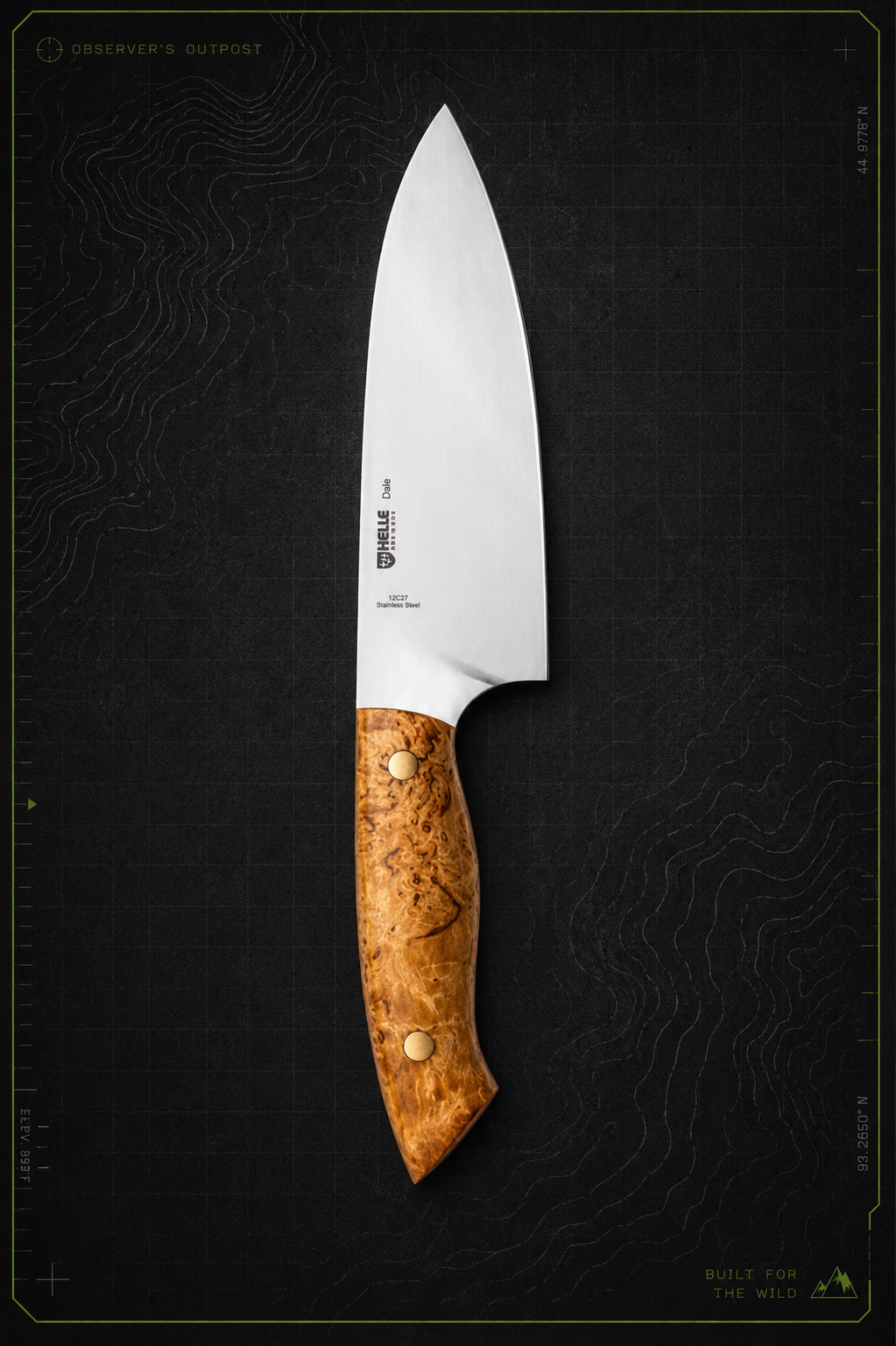 Helle Dele Outdoor Chef Knife | Curly Birch & 12C27 Stainless Steel