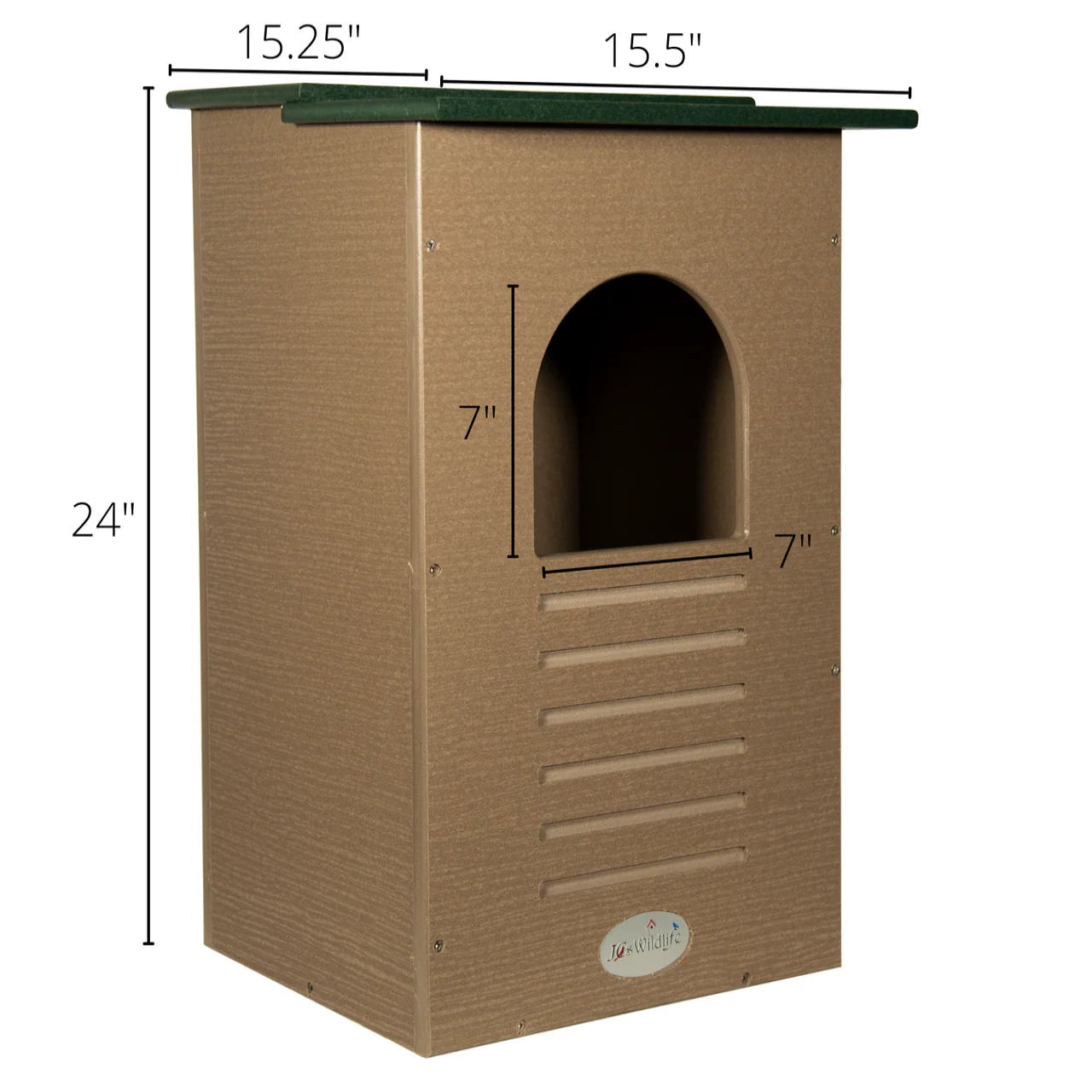 Recycled Poly-Lumber Barred Owl nesting box showing physical dimensions.