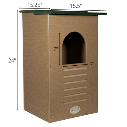 Recycled Poly-Lumber Barred Owl nesting box showing physical dimensions.