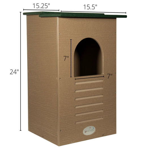Recycled Poly-Lumber Barred Owl nesting box showing physical dimensions.