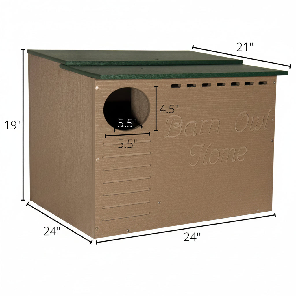 Recycled Poly-Lumber Barn Owl nesting box showing physical dimensions.