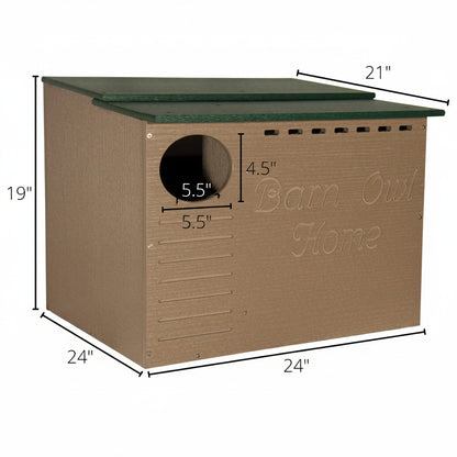 Recycled Poly-Lumber Barn Owl nesting box showing physical dimensions.