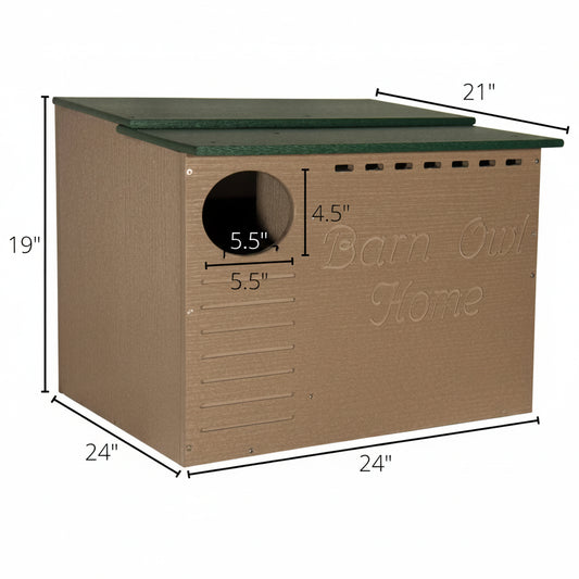 Recycled Poly-Lumber Barn Owl nesting box showing physical dimensions.