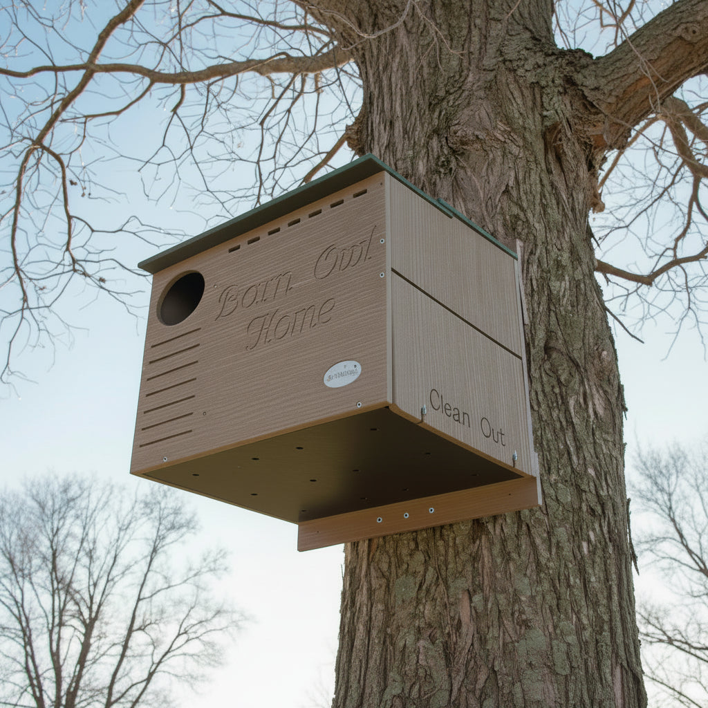 Front view of a JCS Wildlife barn owl house made of tan and green recycled poly-lumber with an elliptical predator-resistant entrance.