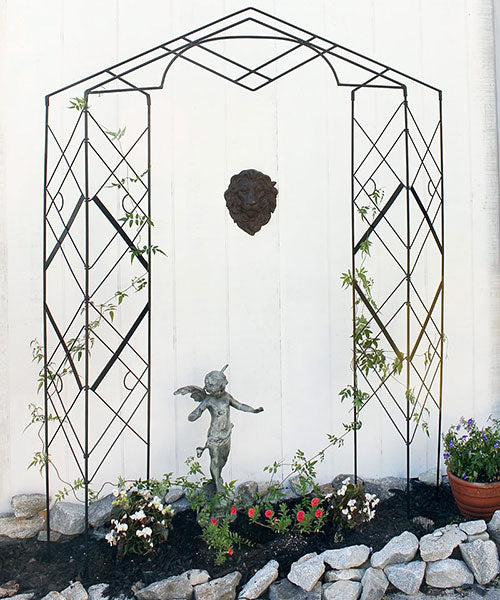 The Athena Artisan Pediment | 77" Wrought Iron Bi-Fold Garden Trellis | Achla Designs