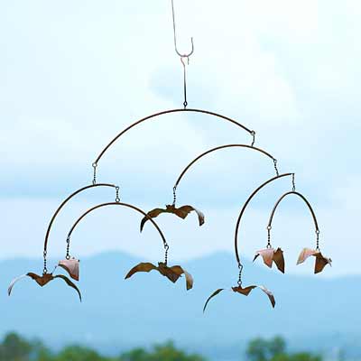 The Nocturnal Atmospheric Pivot | 32" Flamed Copper Hanging Bats Mobile | Ancient Graffiti
