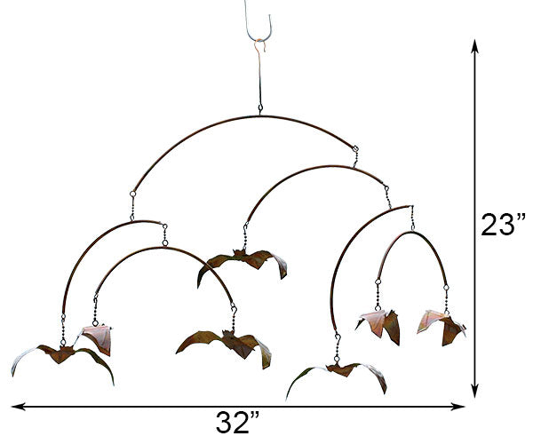 The Nocturnal Atmospheric Pivot | 32" Flamed Copper Hanging Bats Mobile | Ancient Graffiti