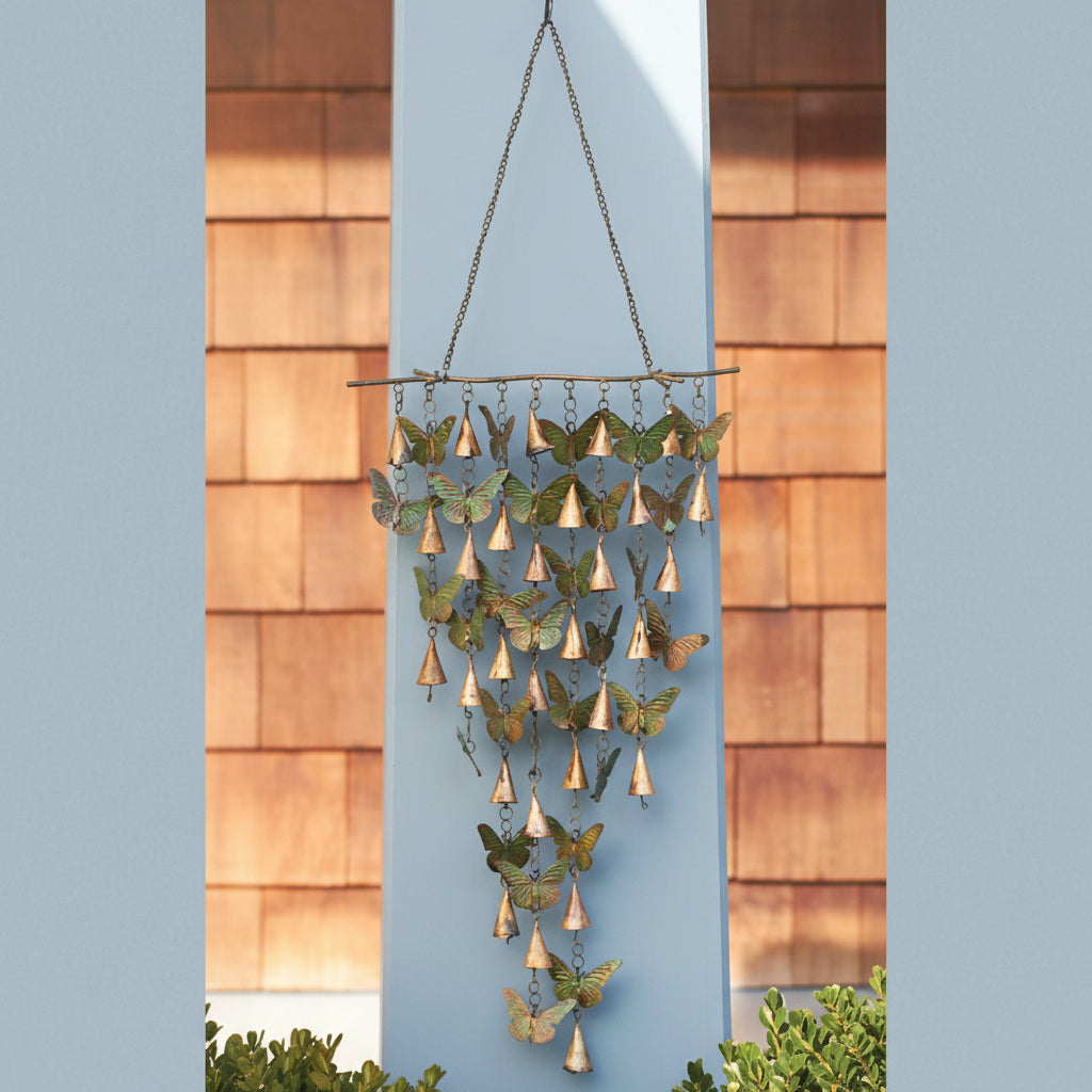 The Butterfly Chime Chromatic | 21" Verdigris and Copper Hanging Bell Chime | Ancient Graffiti