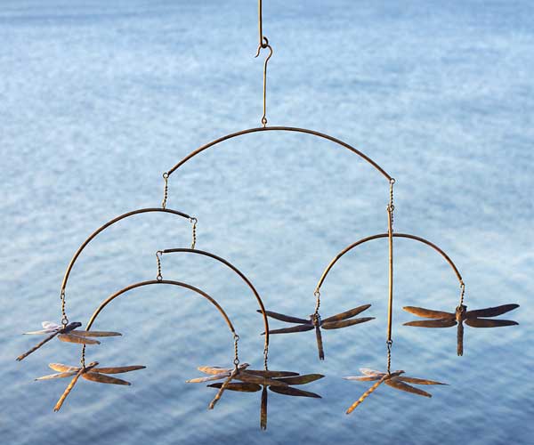 The Drifting Dragonfly Atmospheric Pivot | 31" Copper Steel Hanging Garden Mobile | Ancient Graffiti