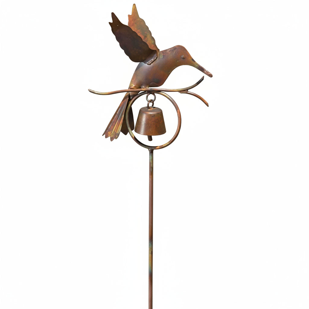 The 'Buzzing Bell Estate Pack' Hummingbird Garden Stake | Ancient Graffiti Flamed Copper Metal Hummingbird Bell Stake Set of 4