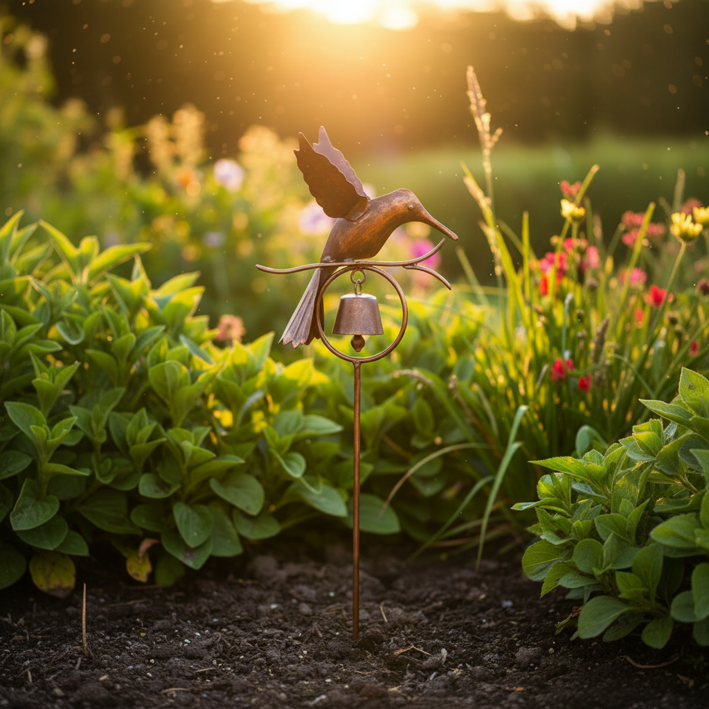 The 'Buzzing Bell Estate Pack' Hummingbird Garden Stake | Ancient Graffiti Flamed Copper Metal Hummingbird Bell Stake Set of 4
