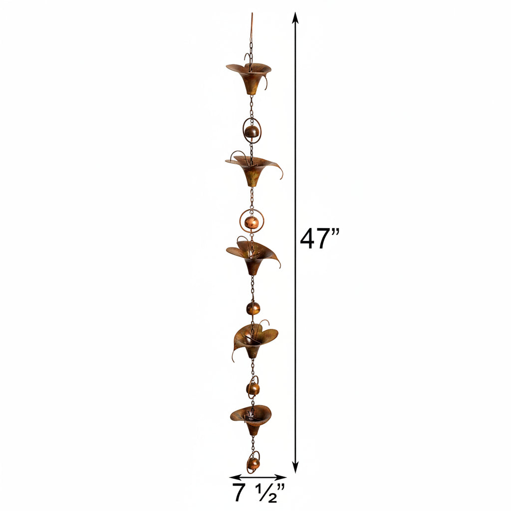 The Calla Lilly Sensory Solace | 47" Flamed Copper Lily Wind Chime and Hanging Bell Chain | Ancient Graffiti