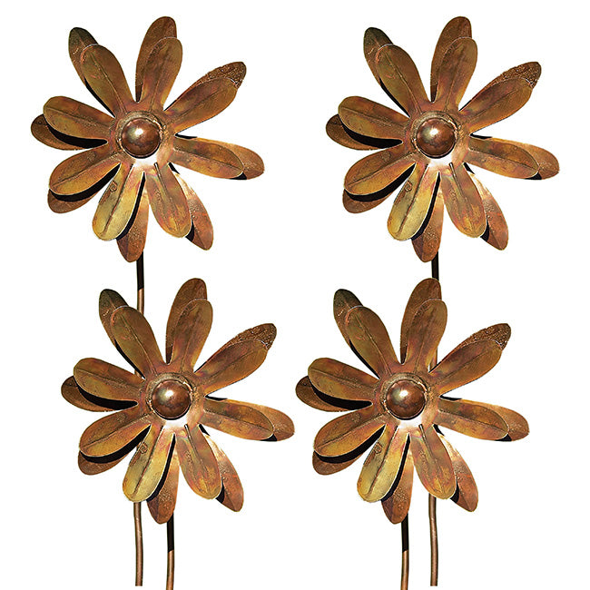 The Zinnia Kinetic Cluster | Set of 4 Flamed Copper Steel Wind Spinners | Ancient Graffiti
