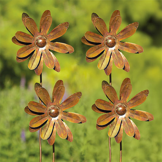The Zinnia Kinetic Cluster | Set of 4 Flamed Copper Steel Wind Spinners | Ancient Graffiti