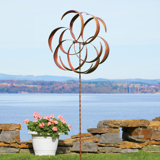 The Copper Bloom | 87" Extra-Large Double Kinetic Wind Sculpture | Flamed Copper | Ancient Graffiti